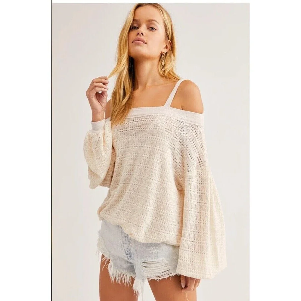 Free People XS/TP Sistine Hacci Knit Top Cold Shoulder Cream Womens Boho